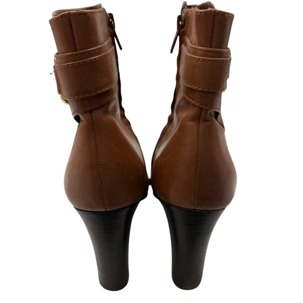 Lauren Ralph Lauren Tan Leather Ankle Boots Womens Size 9 Stirrup Buckle Heel - Picture 7 of 15